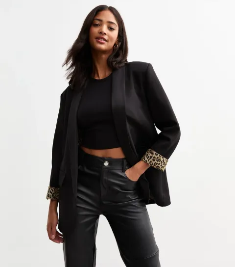 Women's Black Leopard Cuff Blazer