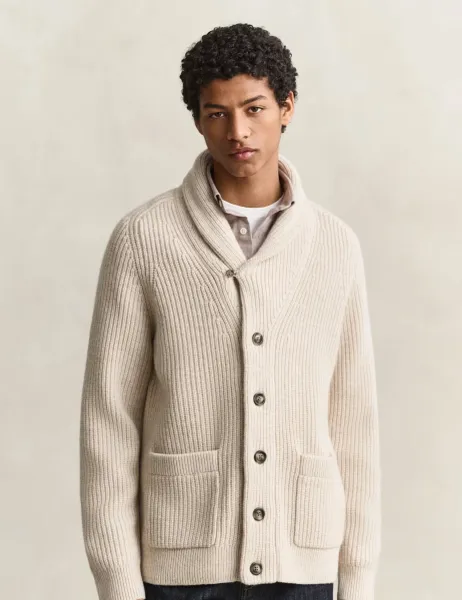 Gant Lambswool Blend Ribbed Shawl Collar Cardigan