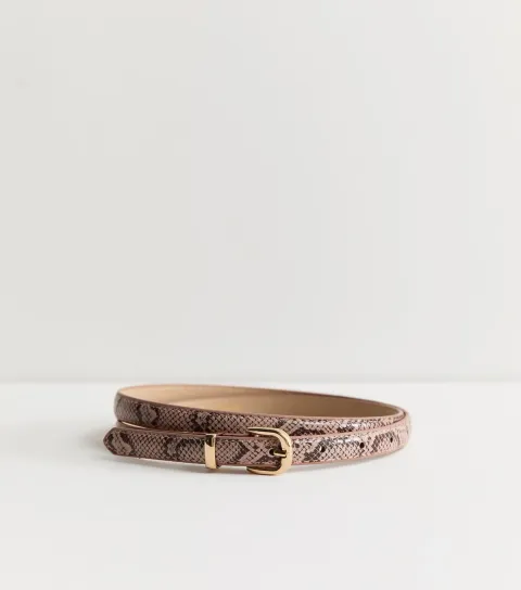 Pink Faux Leather Snake Print Skinny Belt