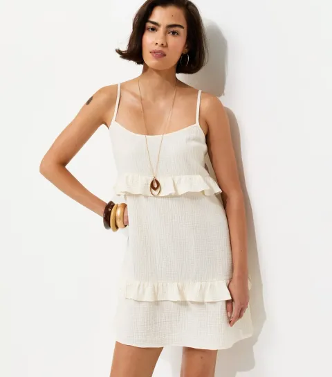 Women's White Crinkle Texture Ruffle Trim Mini Dress