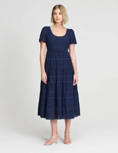 Finery London Pure Cotton Broderie Scoop Neck Midi Dress Navy
