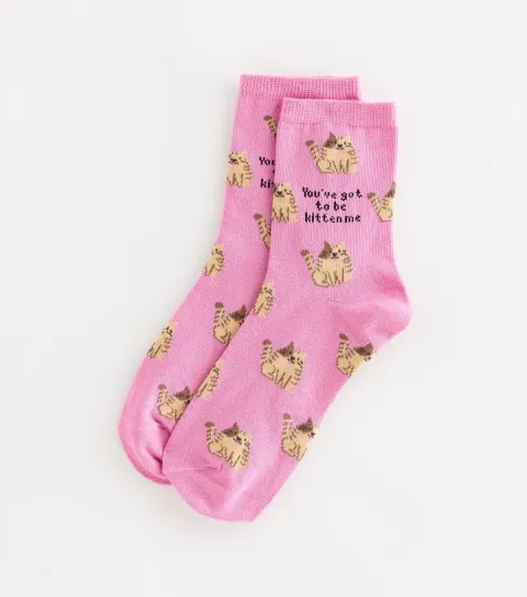 Pink Cotton Rich You've Got To Be Kitten Me Pattern Ankle Socks