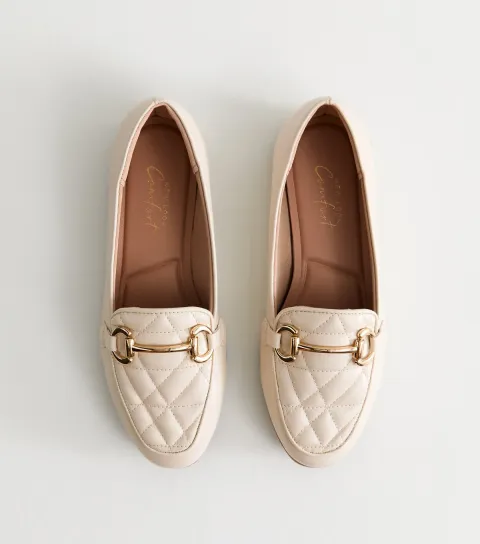 Women's Wide Fit Off White Quilted Faux Leather Loafers