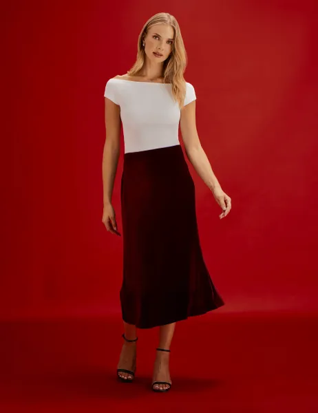 Finery London Velvet Midi Slip Skirt Burgundy