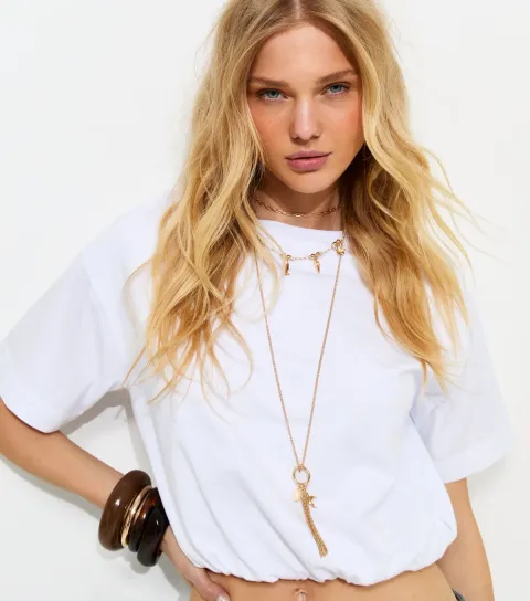 Women's White Cropped Bubble Hem T-Shirt