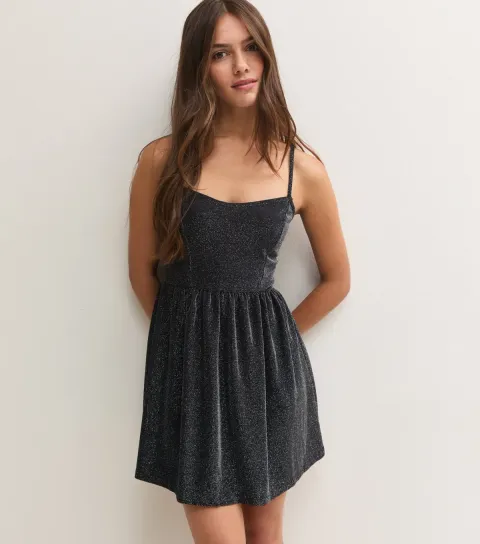 New Look Women's Petite Black Shimmer Corset Waist Flippy Skirt Mini Dress