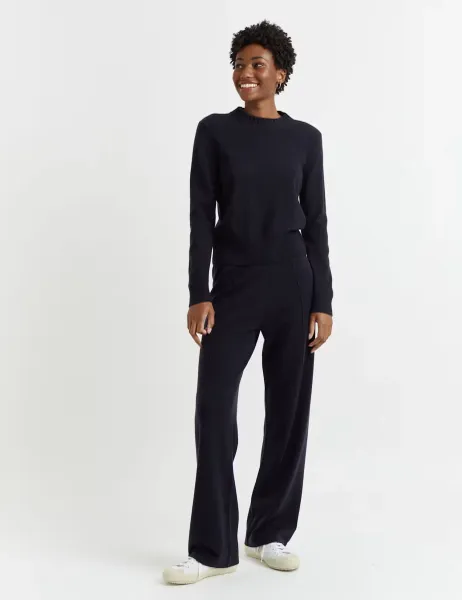 Wool Rich Wide Leg Relaxed Joggers with Cashmere Navy