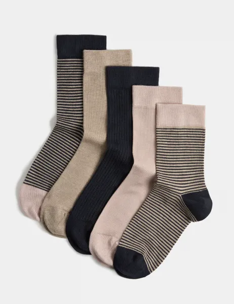 Marks & Spencer 5 Pack Supersoft Patterned Crew Socks Navy Mix