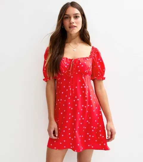 Women's Petite Red Polka Dot Milkmaid Mini Dress