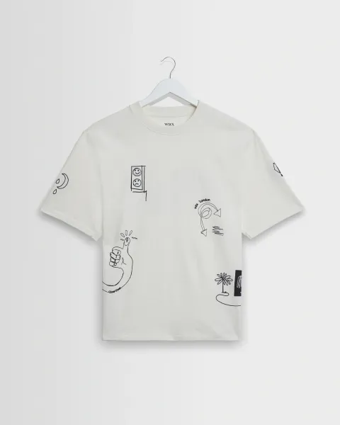 Milton - Ecru and Navy Doodle Graphic Organic Cotton t-Shirt