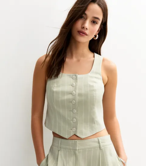 Women's Green Striped Button Front Scoop Neck Waistcoat
