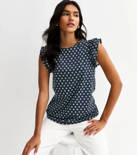 Women's Blue Cotton Frilly Cap Sleeve Top