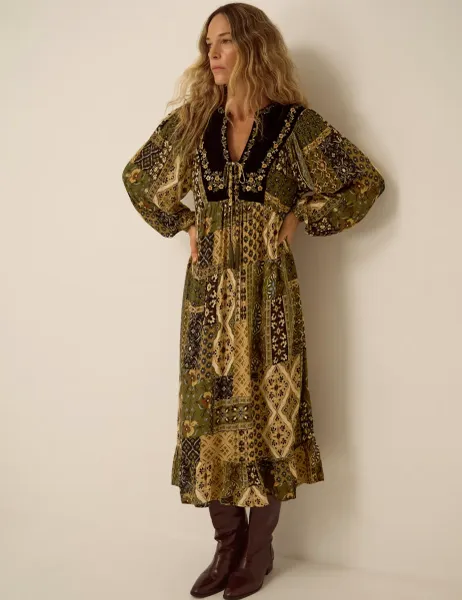 Monsoon Printed V Neck Midi Smock Dress Khaki Mix