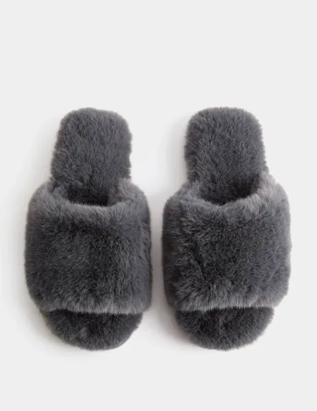 Marks & Spencer Faux Fur Open Toe Slider Slippers Dark Grey