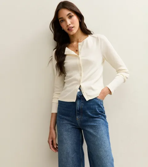 Women's Cream Rib Crew Neck Cardigan
