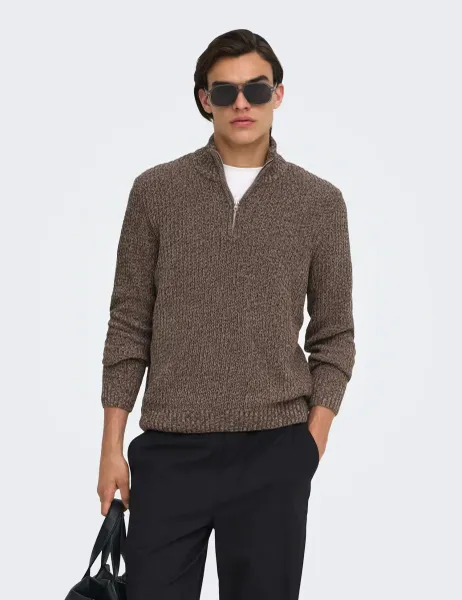 Only & Sons Textured Funnel Neck Half Zip Jumper Brown