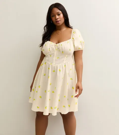 Women's Plus Size White Poplin Lemon Print Milkmaid Mini Dress Curves