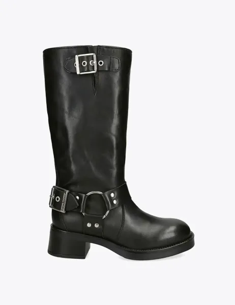 Steve Madden Leather Biker Block Heel Mid Calf Boots Black