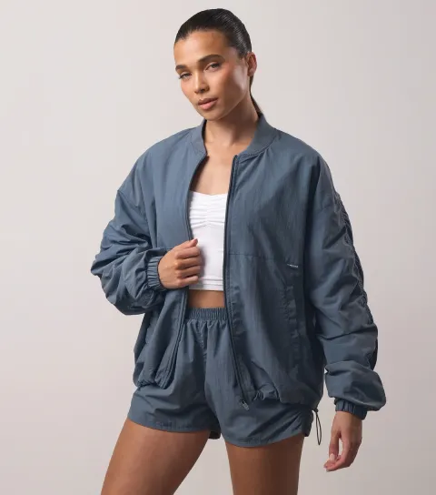Women's Blue Ruched Bomber Jacket