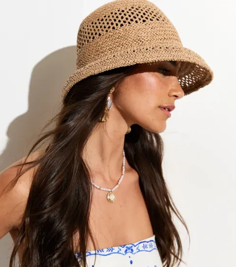 Tan Woven Curved Brim Straw Hat