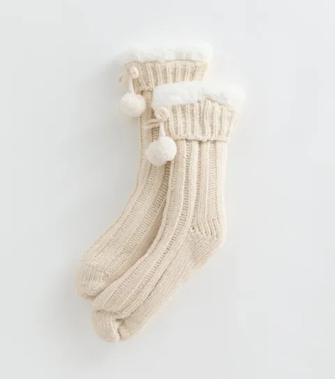 New Look Cream Chenille Knit Fleece Lined Slipper Socks