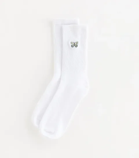White Embroidered Butterfly Tube Socks