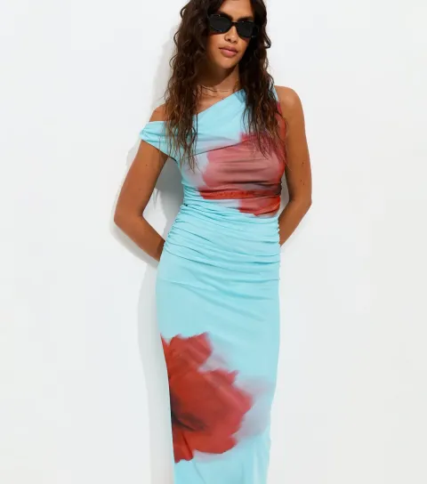 Women's Blue Mesh Blurred Floral Print Off Shoulder Midi Dress