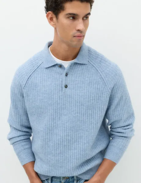 Marks & Spencer Lofty Relaxed Fit Ribbed Knit Polo Shirt Mid Blue