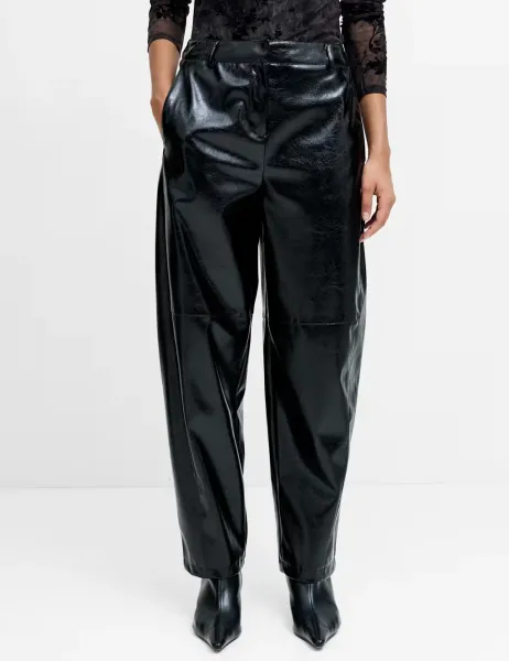 French Connection Faux Leather Barrel Leg Trousers Black