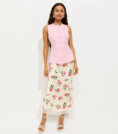 Women's Petite White Satin Floral Print Lace Trim Midi Skirt
