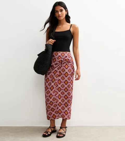 New Look Women's Burgundy Diamond Pattern Sarong Midi Skirt