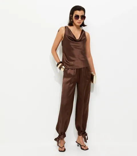 Women's Dark Brown Tie Cuff Satin Trousers