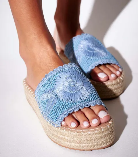 Women's Blue Floral Espadrille Flatform Slides