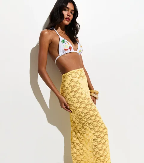 New Look Women's Light Yellow Lace Column Beach Maxi Skirt