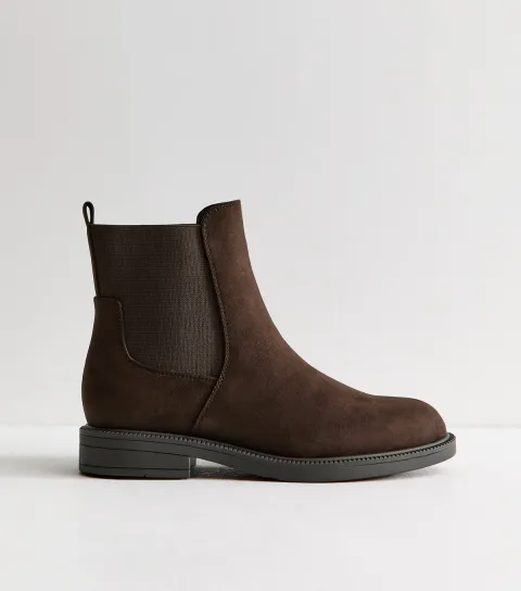 Women's Wide Fit Dark Brown Faux Suede Flat Boots Vegan
