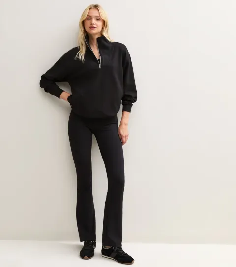 New Look Women's Black Cotton Rich High Rise Foldover Waist Kick Flare Leggings