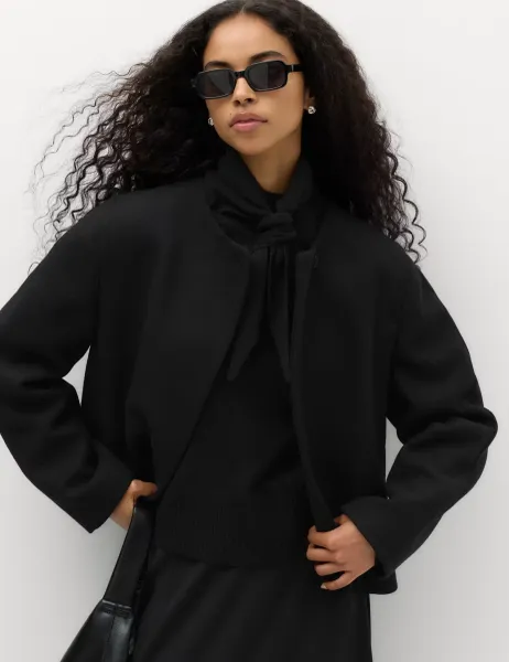 Marks & Spencer Collarless Short Button Through Jacket with Wool Black