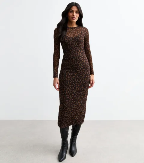 Women's Brown Leopard Print Long Sleeve Midi Dress