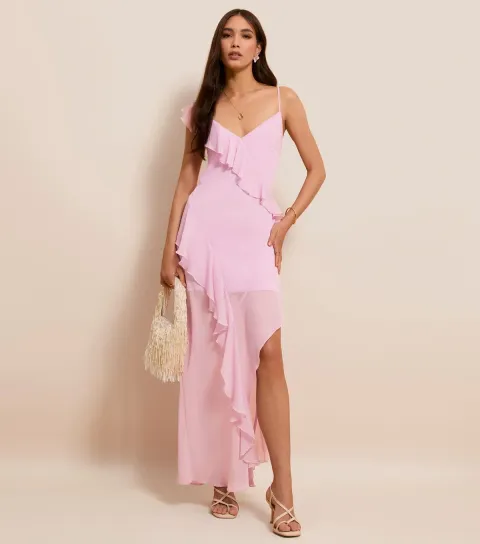 Women's Lilac Chiffon Ruffle Trim Strappy Midi Dress