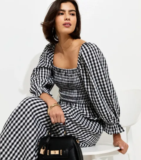Women's Black Gingham Shirred Cropped Puff Sleeve Midi Dress