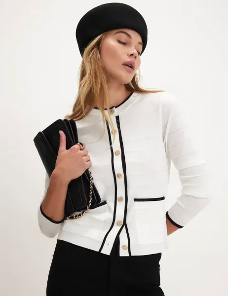 River Island Button Through Tipped Military Cardigan White Mix