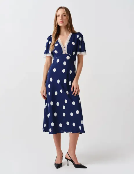 Ghost Crepe Spot Lace V-Neck Midi Tea Dress Navy Mix