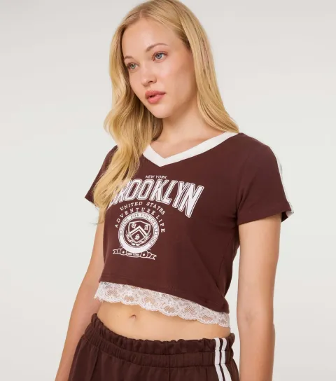 Pink Vanilla Women's Dark Brown Brooklyn V-Neck Lace Trim T-Shirt