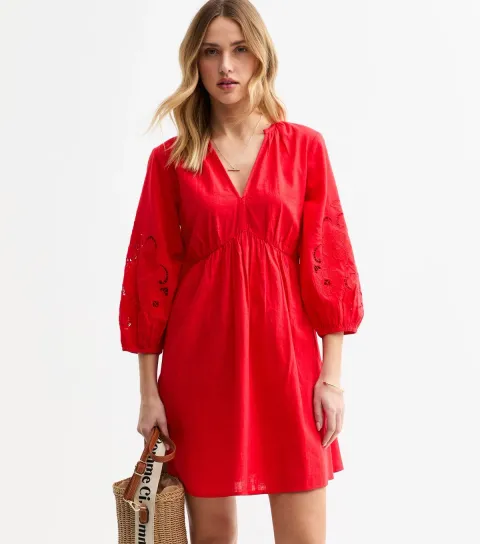 New Look Women's Red Broderie Sleeve Smock Mini Dress