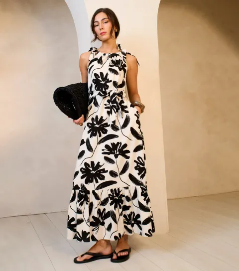 Women's Black Linen Mix Belted Trapeze Dress