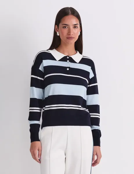 Sportscraft Silk Rich Striped Polo Neck Shirt Navy