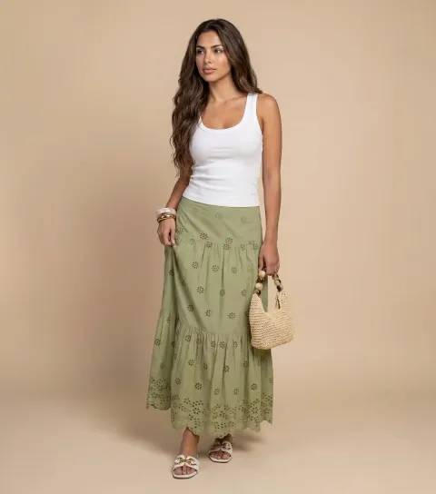 Women's Bright Light Khaki Broderie Anglaise Maxi Skirt