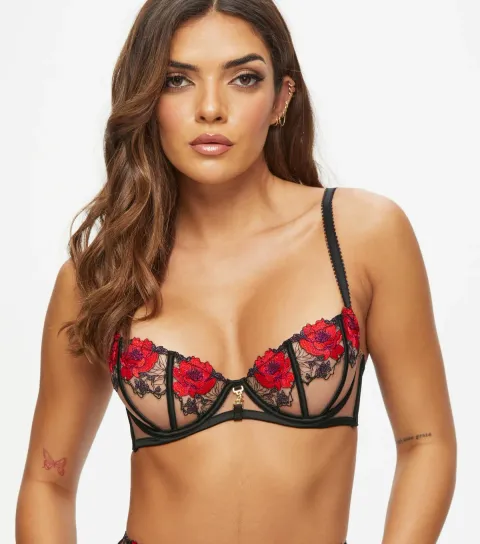 Women's Black Rose Embroidered Non Padded Balcony Bra