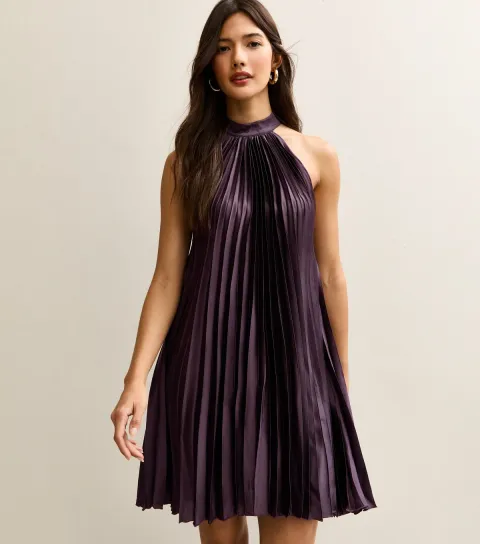Women's Dark Burgundy Pleated Halterneck Mini Dress
