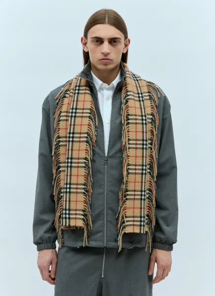 Check Cashmere Fringed Scarf